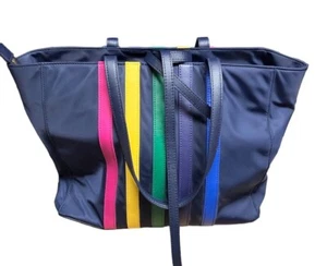TALBOTS NAVY BLUE RAINBOW COLOR POLYESTER AND LEATHER TOTE BAG NEVER USED - Picture 1 of 11