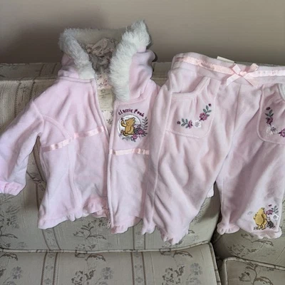 Classic Pooh By Disney Pink Velour Faux Fur Trimmed Hoodie and Pants 12 Mos Size - Image 1 of 4