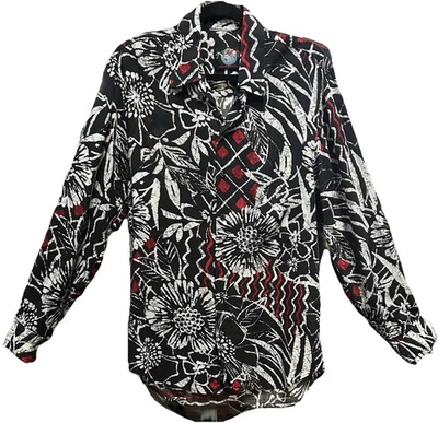 VTG Jams World Men’S Black, White N Red Floral Print Rayon LS Shirt Sz M - Image 1 of 4