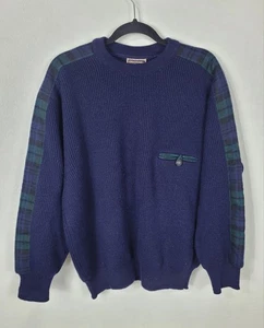 VTG Glenhusky of Scotland 100% New Wool Navy Sweater Tartan Plaid Men's Sz 2XL - Picture 1 of 4