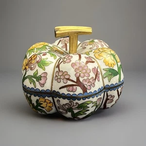 Antique Chinese Brass Enamel Cloisonne Floral Pumpkin w/ Stem Trinket Box w/ Box - Picture 1 of 14