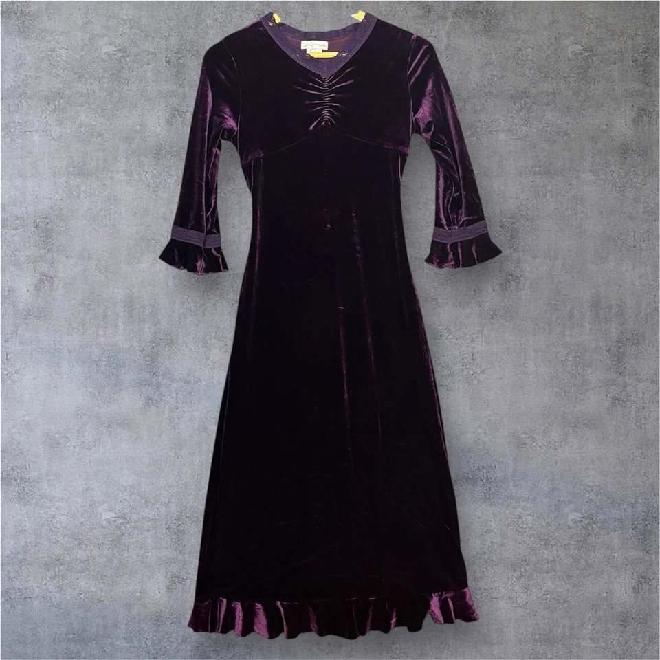 Y2K Velvet Maxi Dress Juniors 16 Deep Plum Purple Goth Witchy Lace Ruffle Ruched - Image 1 of 4