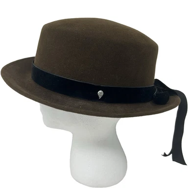 Sombrero Helen Kaminski Marrón Terciopelo Negro Cinta Fedora Ala 2" Foto 1 de 4