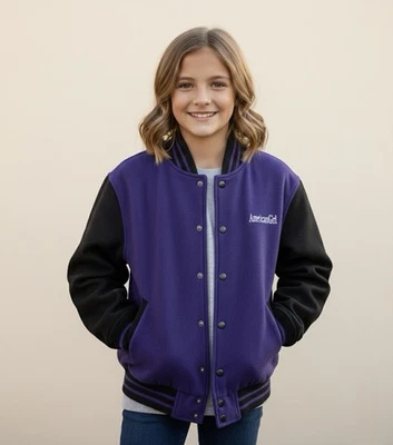 Chaqueta Letterman Universitaria American Girl de Colección en Púrpura y Negro Talla Juvenil Mediana Foto 1 de 4
