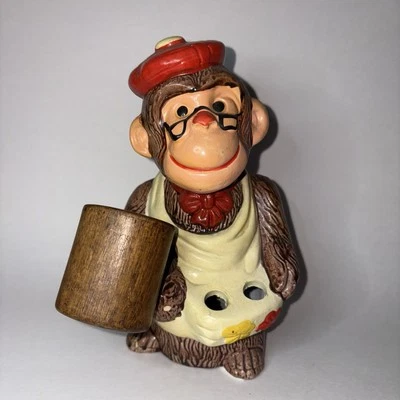 Vintage Ceramic Monkey Nutcracker 8" Tall w/Wooden Mallet Hat Glasses Bow Tie - Image 1 of 4