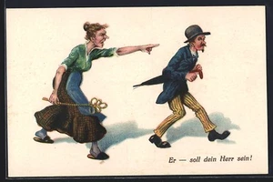 AK frauenfeindlicher Humor, Frau mit Teppichklopfer hinter dem Mann-Er soll dei - Bild 1 von 2