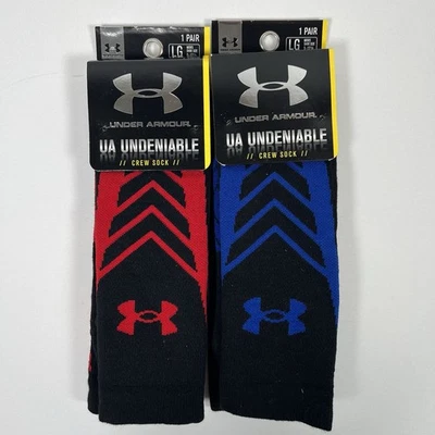 Under Armour UA Undeniable Crew Socks Mens Size Large 9-12 NEW Red/Blue 2 Pairs - Image 1 of 4
