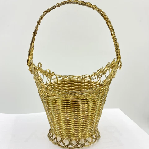 Small Decorative Woven Wire Metal Basket With Handle 8.5" Tall Cover