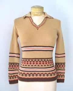 Vtg 60s 70s Brown Geometric Coral Strip Sweater Top Scallop Collared V-Neck XS - Picture 1 of 6