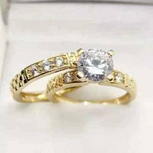 2Ct Round Cut Lab-Created Diamond Wedding Bridal Ring Set 14k Yellow Gold Plated - Picture 1 of 4
