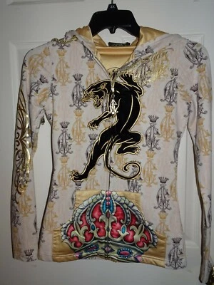 Christian Audigier Oro Amarillo Mujer Negro Pantera Forrada Cremallera Sudadera con Capucha Talla XS Foto 1 de 4