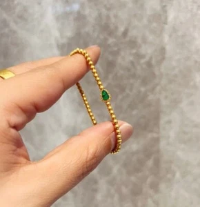 18K Gold Natural Top Green Type A Jadeite Jade Gourd 18K Gold Beads Bracelet - Picture 1 of 9