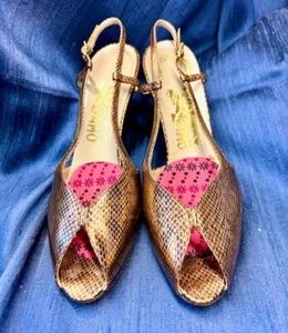 S FERRAGAMO Women Shoes Open Toe,Slingback Heels Gold Snake Pattern Sz:8 ½”AA - Picture 1 of 17