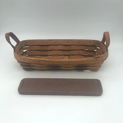 VTG Longaberger Cracker Basket & Heat Brick Leather Handles Signed & Dated 1995 Cover