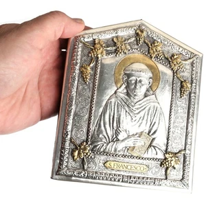 Versilberte Ikone des heiligen Franziskus - Hochrelief mit vergoldetem Oklad 6,5" x 5" - Bild 1 von 3