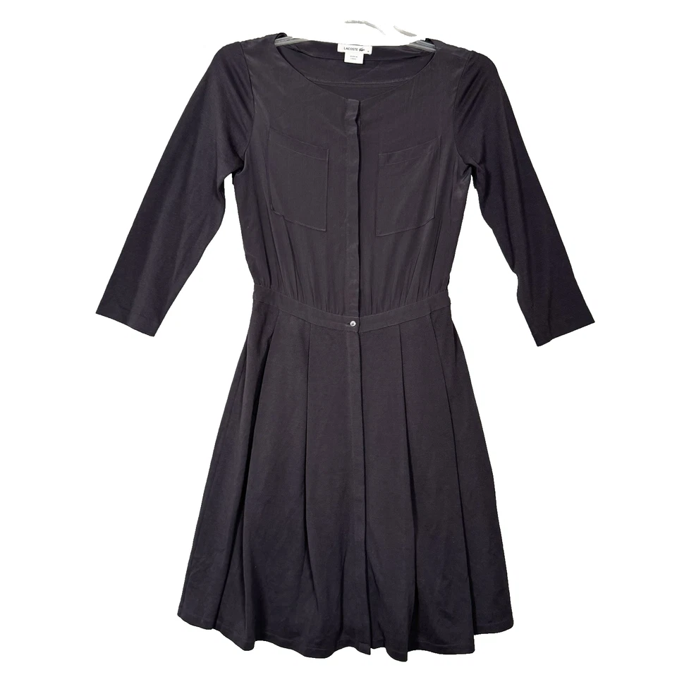 Vestido Lacoste para mujer manga 3/4 botones seda algodón bolsillos pliegues negro 36 Foto 1 de 4