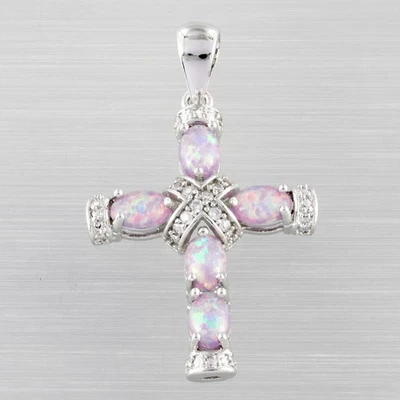 Latin Cross Lavender Purple Fire Opal CZ Silver Jewelry Necklace Pendant - Image 1 of 4