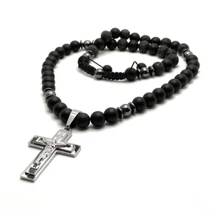 Cadena de perlas piedra de ónix negro cruz Jesús colgante hematita regalo... - Imagen 1 de 5