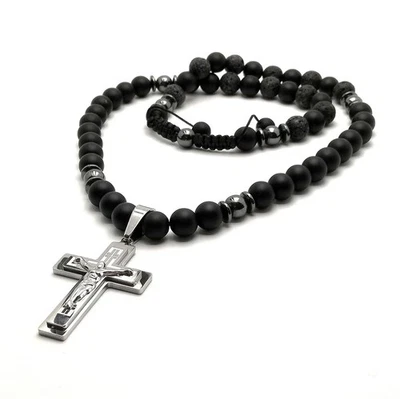 Cadena de perlas piedra de ónix negro cruz Jesús colgante hematita regalo... - Imagen 1 de 4