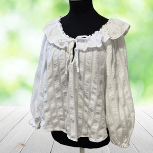 Free People Bluse Damen XS weiß Bauern Prärie Seersucker Boho Rüschen zum Binden - Bild 1 von 16