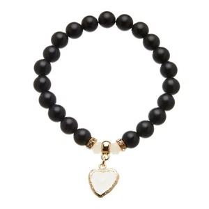 Womens Heart Charm Bracelet with matt black onyx beads and crystals - Rae B12 - Picture 1 of 2