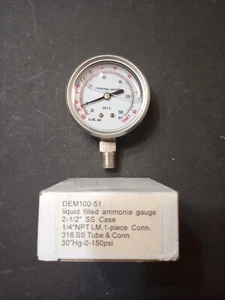 316 S.S. 2.5" Silicone-filled Ammonia Gauge 30" Hg to 150 PSI w/ corr F - Picture 1 of 2
