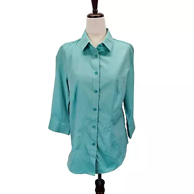 Blusa Top Camisa Coldwater Creek Aqua Sin Hierro Con Botones Manga 3/4 Talla XS Foto 1 de 4