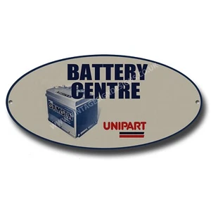 SIGNO DE PANTALLA DE GARAJE DE METAL OVALADO DE BATERÍA UNIPART CENTRAL. - Imagen 1 de 1