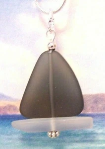 SAILBOAT Sea glass jewelry SMOKY GRAY nautical pendant necklace + 18" chain - Picture 1 of 1