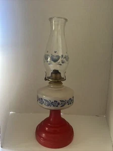 Antique P A Rare Waterbury Coral Red Frosted Glass 11" Kerosene Oil Lamp Floral - Picture 1 of 19