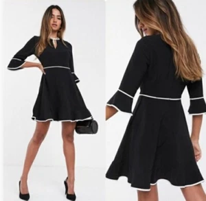 Ted Baker Dress Dindy Skater Bow Fit And Flare Black Contrast Trim Size 3 UK~ 12 - Picture 1 of 16