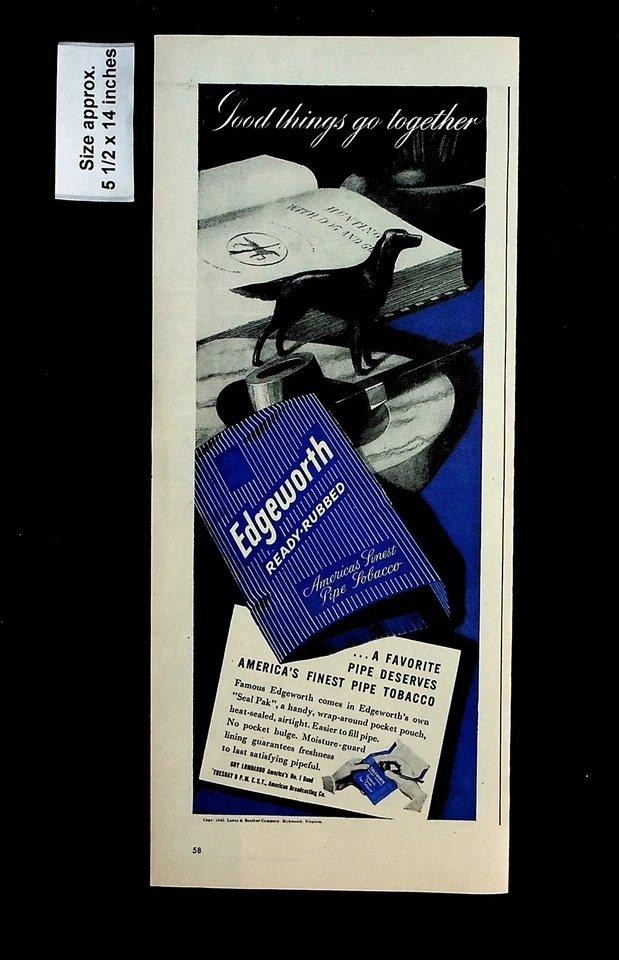 Pipa Edgeworth 1945 lista para frotar tabaco America's Finest anuncio impreso vintage 34075 Foto 1 de 1