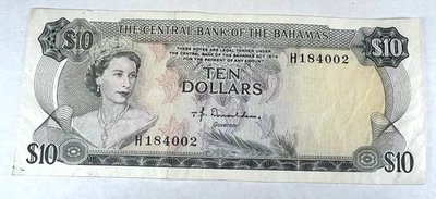 1974 Bahamas $10 Diez Dólares, QEII, Reina Isabel II, ¡Flamencos! Foto 1 de 2