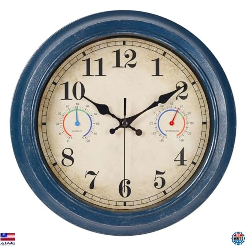 12" Waterproof Outdoor Clock with Thermometer & Hygrometer - Stylish Blue Design Foto 1 de 4