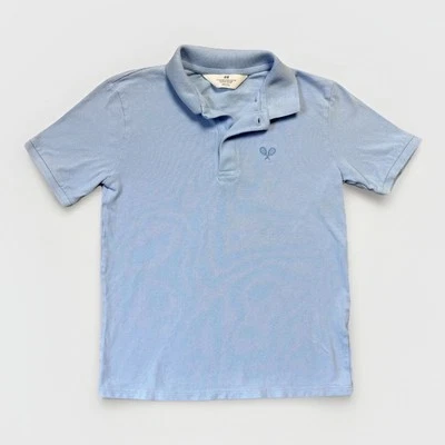 H&M Polo Shirt Boys 9-10Y Blue Tennis Racket Embroidery 100% Cotton Short Sleeve - Image 1 of 4