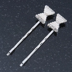2 Bridal/ Prom Crystal, Simulated Pearl 'Bow' Hair Grips/ Slides In Rhodium - Picture 1 of 4