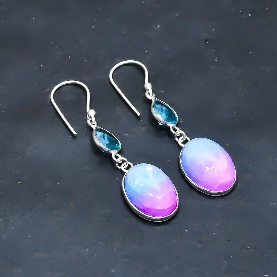 Rainbow Solar Quartz, Blue Topaz Handmade Jewelry Earring 2.27" - Image 1 of 1