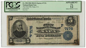 1902 $5 Banknote Plain Back First NB of Napa, CA PCGS Apparent F-12 Ch #7176 - Picture 1 of 2