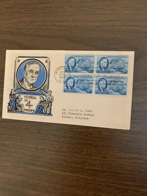 ROOSEVELT US FDC #933 FDR "THE 4 FREEDOMS" PATRIOTIC CACHETCRAFT1945 4 BLK - Image 1 of 2