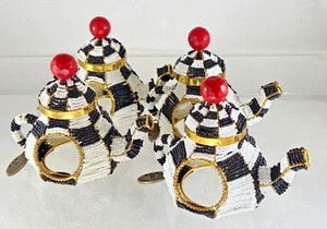 Set of 4 - MacKenzie Childs - Courtly Check - Napkin Rings - Beaded Teapots - Picture 1 of 11