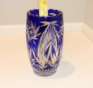 EXQUISITE CZECH CUT COBALT BLUE 8 INCH VASE PIN WHEELS ETC HAND BLOWN HAND CUT - Picture 1 of 12