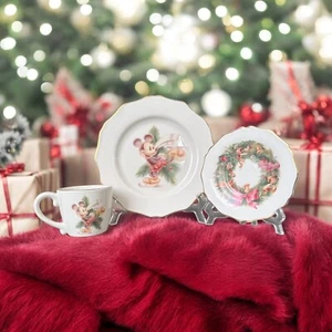 3 Disney Direct Christmas Holiday Plate Mug China Gold Trim Retired MICKEY - Picture 1 of 10