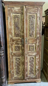 Rustic Armoire Whitewash Carved Wardrobe Cabinet Vintage Reclaimed Wood Chest