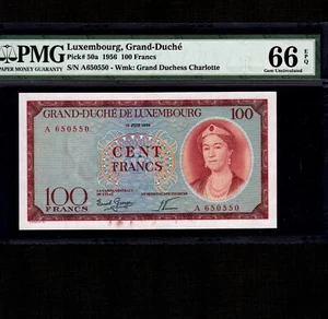Luxemburgo 100 francos 1956 P-50a * PMG gema sin circular 66 EPQ * ocupación aliada - Segunda Guerra Mundial * - Imagen 1 de 2