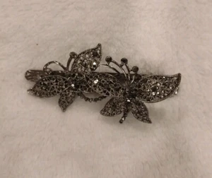 Vintage Dark Rhinestone Hair Clip - Silvertone Metal - Butterfly Theme - Picture 1 of 4