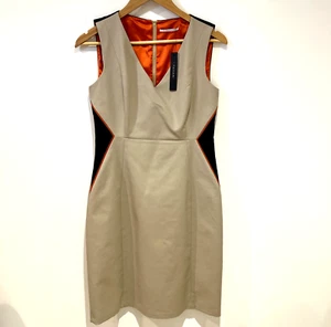 T TAHARI Genisis Sheath Dress Cotton Blend VNeck Beige/Navy Sz 6 NWT Career Prep - Picture 1 of 24