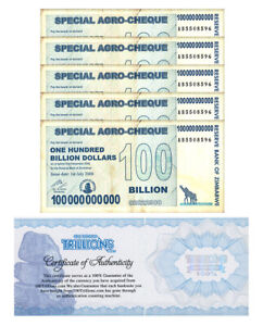 5 Zimbabwe 100 Billion Special Agro Cheque banknote 2008, P-64 USED COA