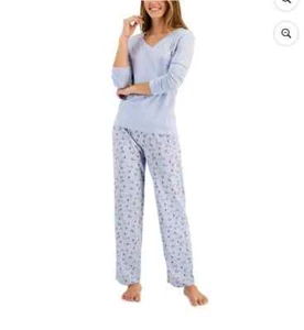 Charter Club Cotton V-Neck Owl Santa Print Pajama Set L Light blue - Picture 1 of 3