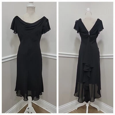 VTG'90s y2k Black Chiffon Draped Cocktail Slinky Midi Dress/Assimetrical Hem  - Image 1 of 4