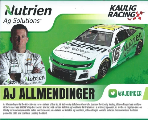 2023 A J  ALLMENDINGER #16 NASCAR CUP SERIES "NUTRIEN AG SOLUTIONS" POSTCARD! Cover